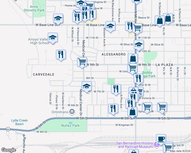 map of restaurants, bars, coffee shops, grocery stores, and more near 1556 West 8th Street in San Bernardino