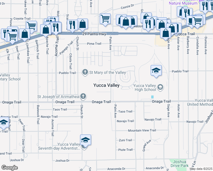 map of restaurants, bars, coffee shops, grocery stores, and more near 7501 Palm Avenue in Yucca Valley