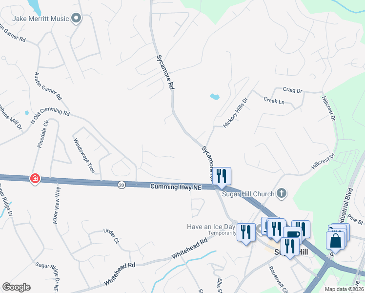 map of restaurants, bars, coffee shops, grocery stores, and more near 5330 Sycamore Road in Sugar Hill