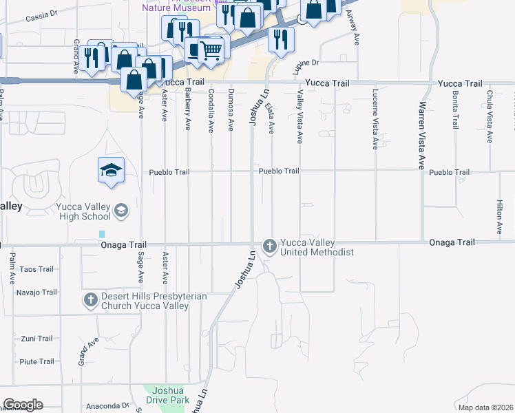 map of restaurants, bars, coffee shops, grocery stores, and more near 7599 Joshua Lane in Yucca Valley
