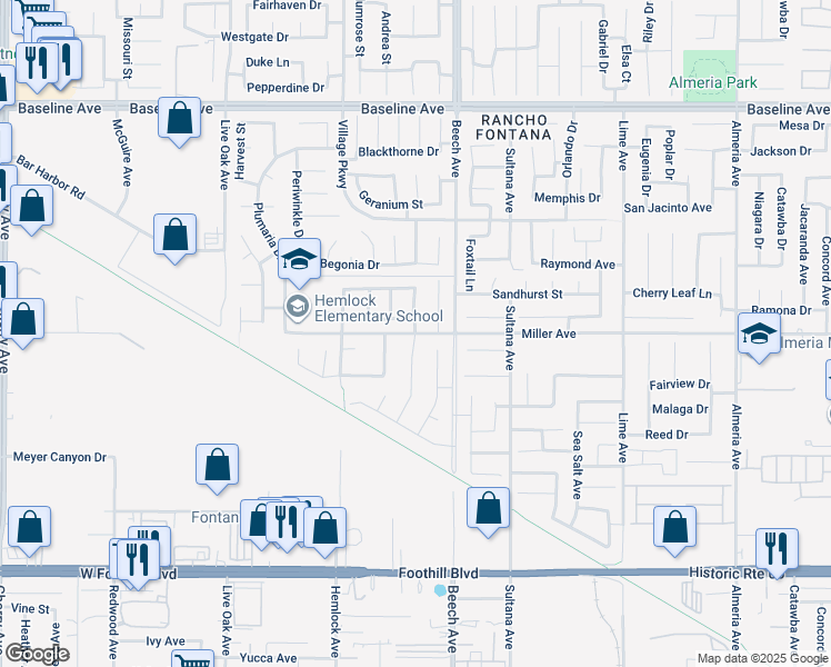 map of restaurants, bars, coffee shops, grocery stores, and more near 7798 Poppy Lane in Fontana