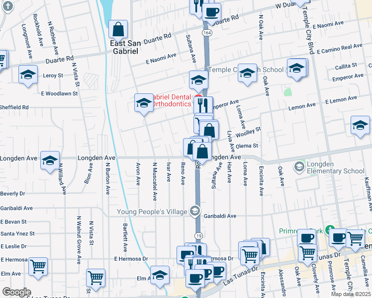 map of restaurants, bars, coffee shops, grocery stores, and more near 8919 Longden Avenue in Temple City