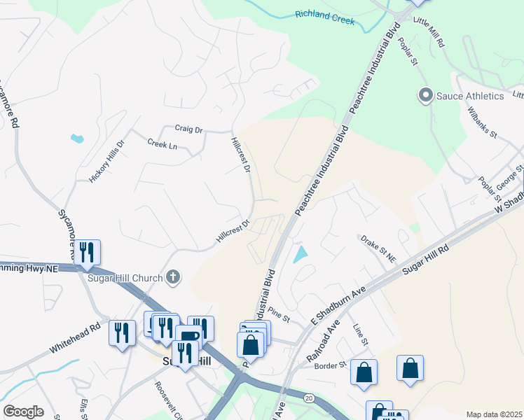 map of restaurants, bars, coffee shops, grocery stores, and more near 1437 Hillcrest Drive in Sugar Hill