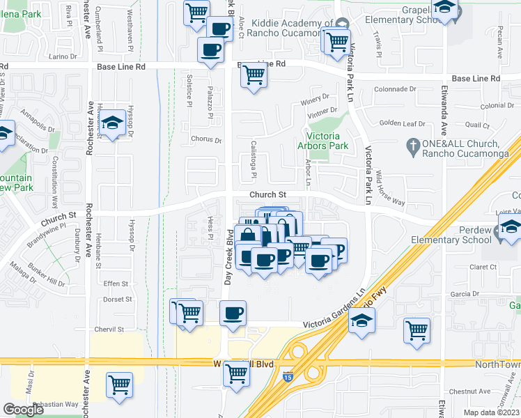 map of restaurants, bars, coffee shops, grocery stores, and more near 12377 Hollyhock Drive in Rancho Cucamonga