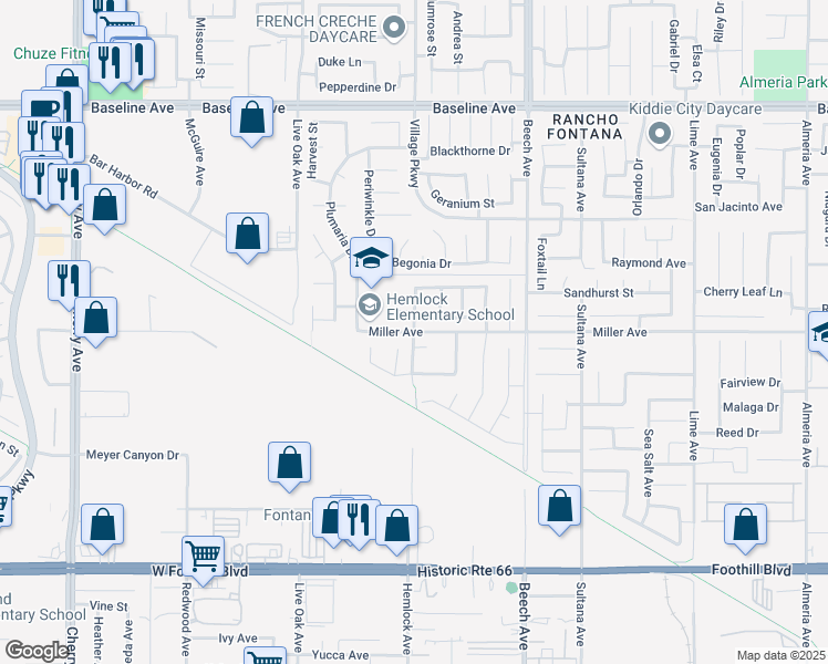map of restaurants, bars, coffee shops, grocery stores, and more near 15080 Miller Avenue in Fontana