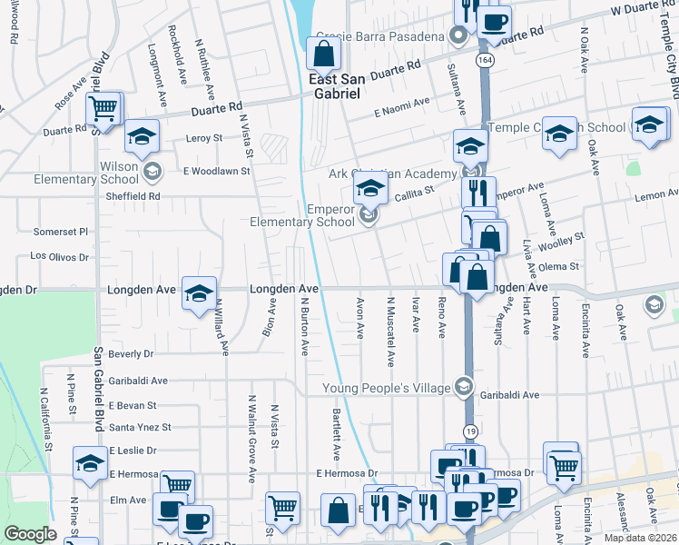 map of restaurants, bars, coffee shops, grocery stores, and more near 6318 Lemon Avenue in San Gabriel