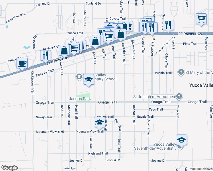 map of restaurants, bars, coffee shops, grocery stores, and more near 7587 Elk Trail in Yucca Valley