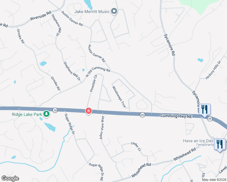 map of restaurants, bars, coffee shops, grocery stores, and more near 5460 Windswept Trace in Sugar Hill