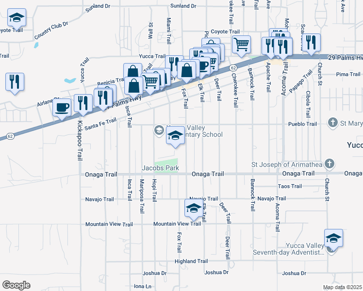 map of restaurants, bars, coffee shops, grocery stores, and more near 7601 Hopi Trail in Yucca Valley