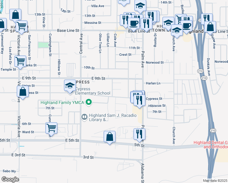 map of restaurants, bars, coffee shops, grocery stores, and more near 27116 Cole Place in Highland