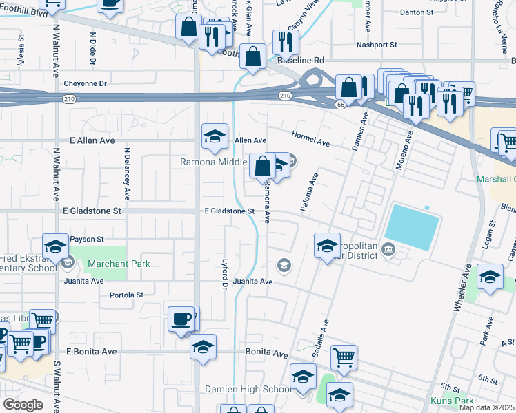 map of restaurants, bars, coffee shops, grocery stores, and more near 822 East Ghent Street in La Verne