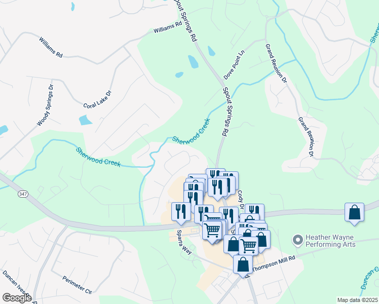 map of restaurants, bars, coffee shops, grocery stores, and more near 2857 Senator Court in Buford