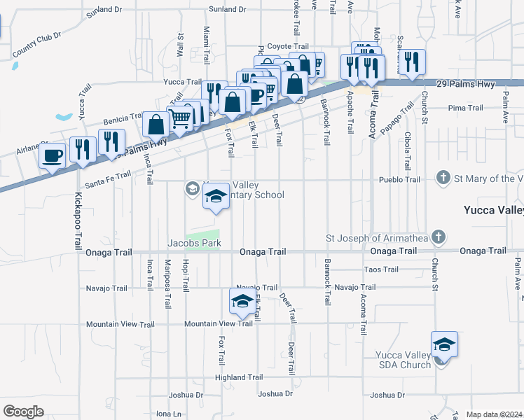 map of restaurants, bars, coffee shops, grocery stores, and more near 7587 Elk Trail in Yucca Valley