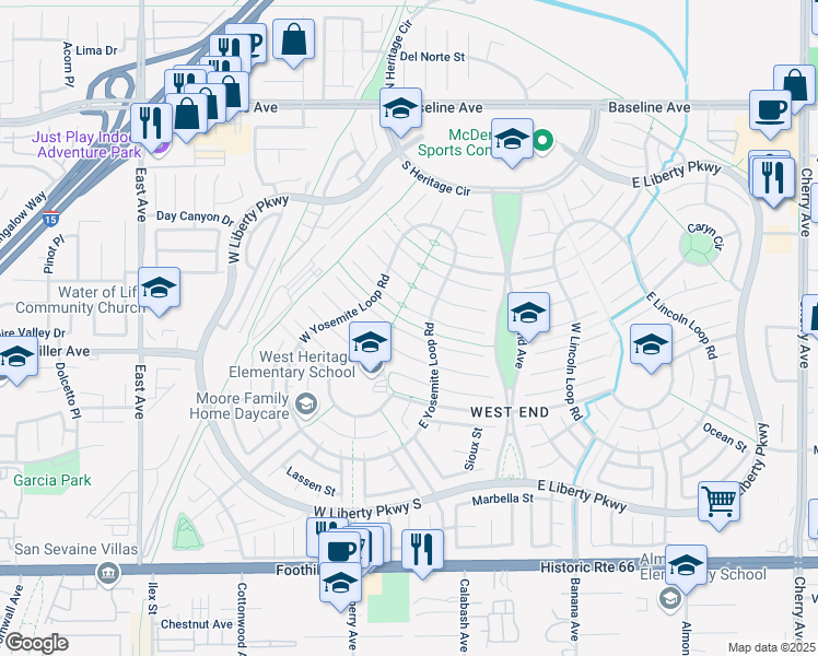 map of restaurants, bars, coffee shops, grocery stores, and more near 13652 Cabrillo Court in Fontana