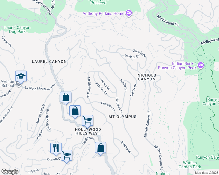 map of restaurants, bars, coffee shops, grocery stores, and more near 2396 Venus Drive in Los Angeles