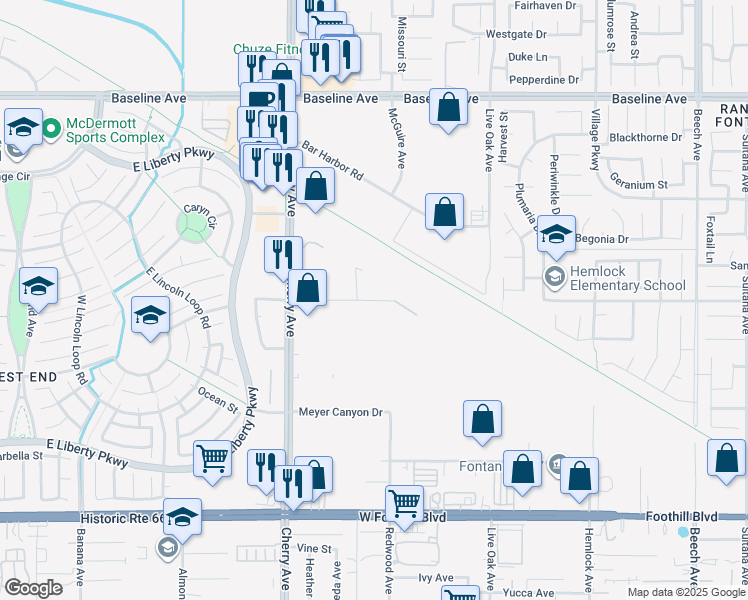 map of restaurants, bars, coffee shops, grocery stores, and more near 14650 Miller Ave in Fontana