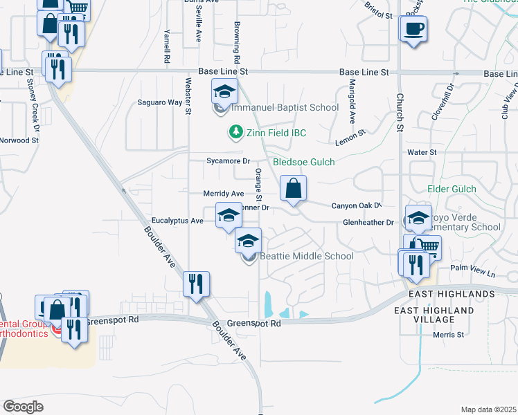 map of restaurants, bars, coffee shops, grocery stores, and more near 7700 Orange Street in Highland