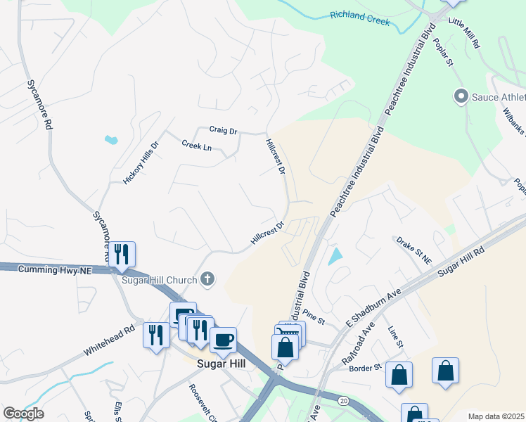 map of restaurants, bars, coffee shops, grocery stores, and more near 5150 Gable Ridge Way in Sugar Hill