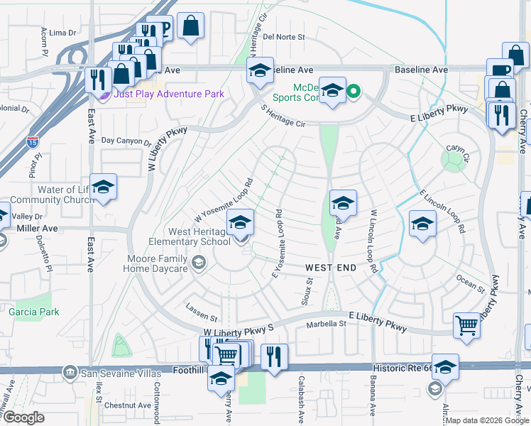 map of restaurants, bars, coffee shops, grocery stores, and more near 13652 Cabrillo Court in Fontana