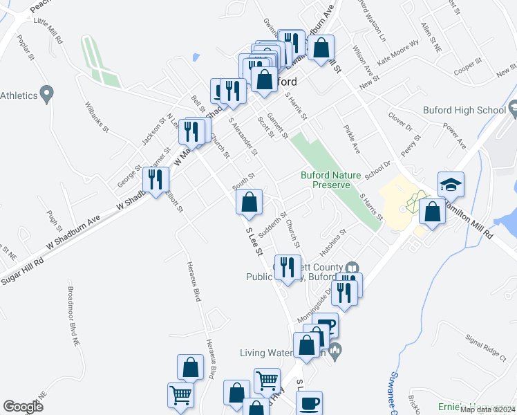 map of restaurants, bars, coffee shops, grocery stores, and more near 259 Watson Street in Buford