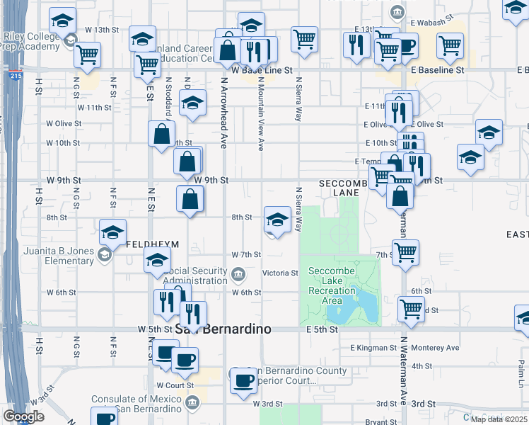 map of restaurants, bars, coffee shops, grocery stores, and more near 809 North Mountain View Avenue in San Bernardino