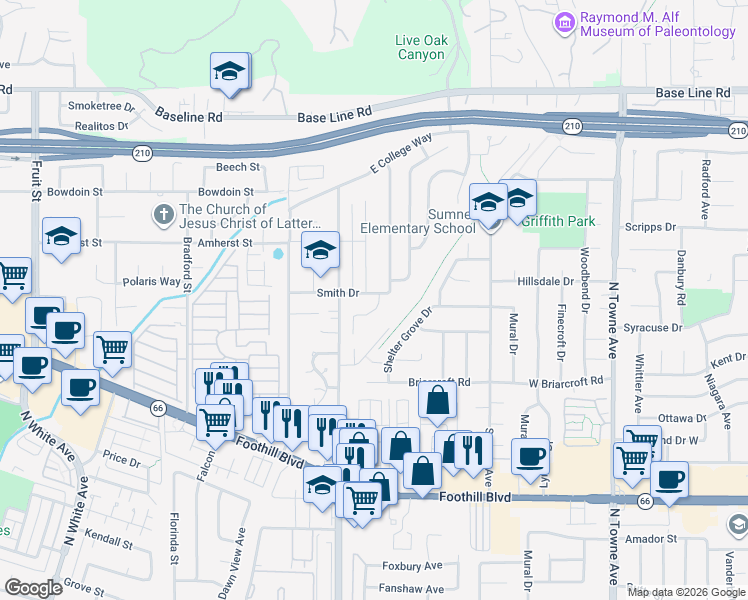 map of restaurants, bars, coffee shops, grocery stores, and more near 4004 Las Casas Avenue in Claremont