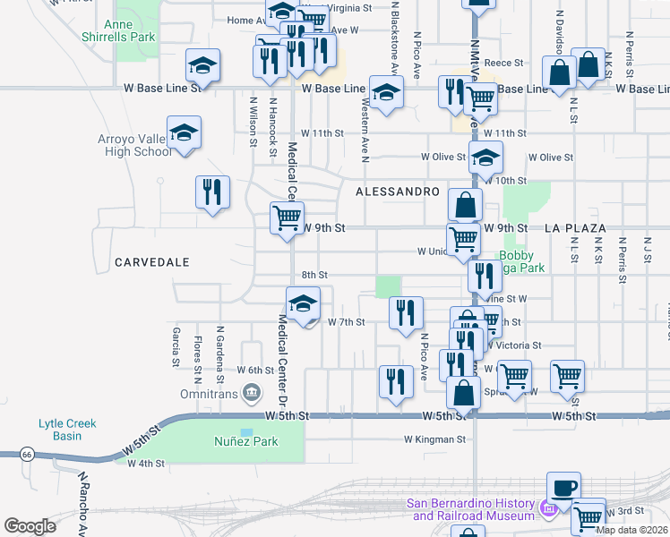 map of restaurants, bars, coffee shops, grocery stores, and more near 1556 West 8th Street in San Bernardino