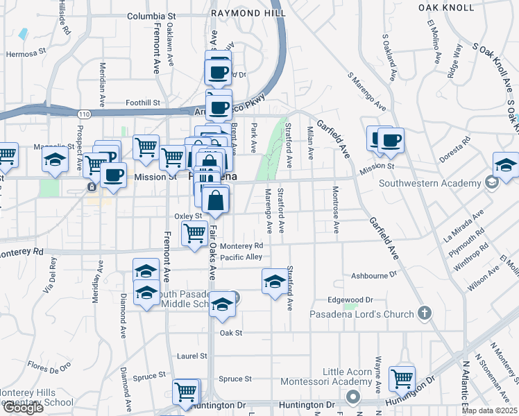 map of restaurants, bars, coffee shops, grocery stores, and more near 1730 Oxley Street in South Pasadena