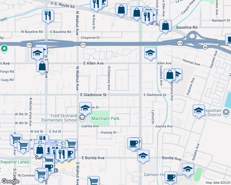 map of restaurants, bars, coffee shops, grocery stores, and more near 524 East Ghent Street in San Dimas