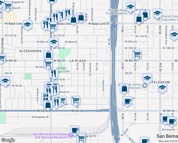 map of restaurants, bars, coffee shops, grocery stores, and more near 831 North K Street in San Bernardino