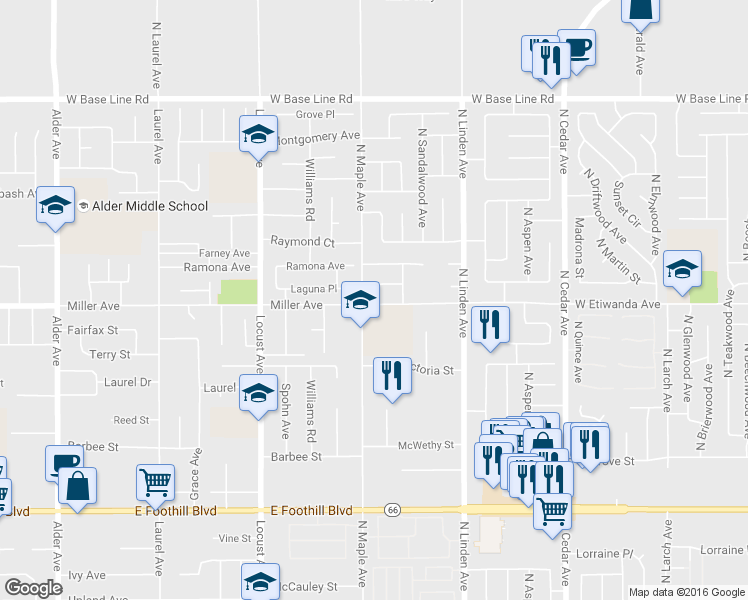 map of restaurants, bars, coffee shops, grocery stores, and more near 1687 West Wedgewood Street in Rialto