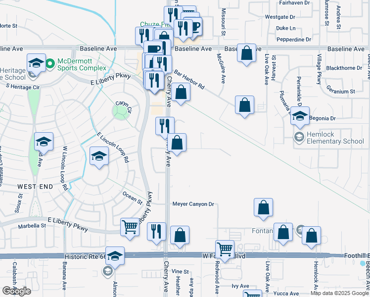 map of restaurants, bars, coffee shops, grocery stores, and more near 14500 Miller Ave in Fontana