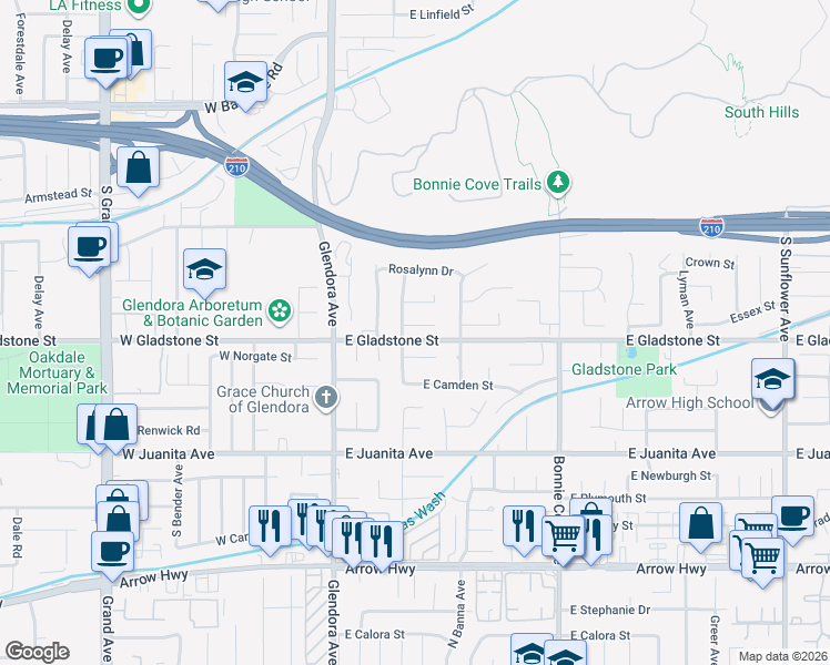 map of restaurants, bars, coffee shops, grocery stores, and more near 201 Essex Street in Glendora