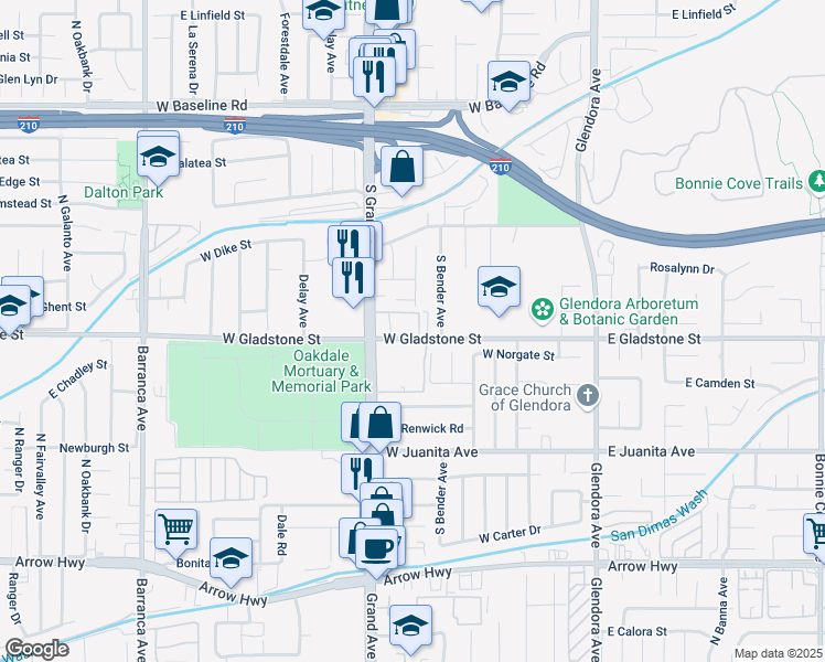 map of restaurants, bars, coffee shops, grocery stores, and more near 443 West Gladstone Street in Glendora