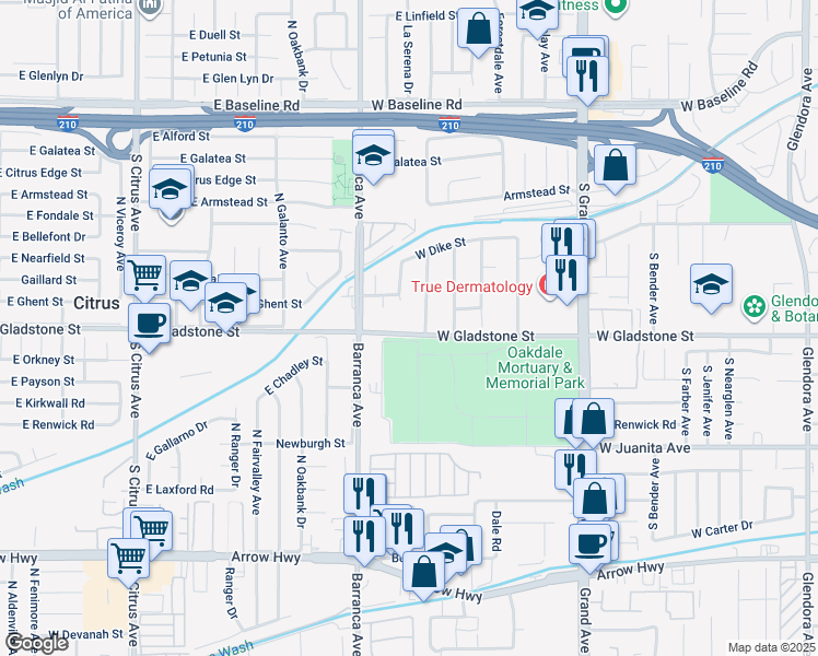 map of restaurants, bars, coffee shops, grocery stores, and more near 1343 South Prospero Drive in Glendora