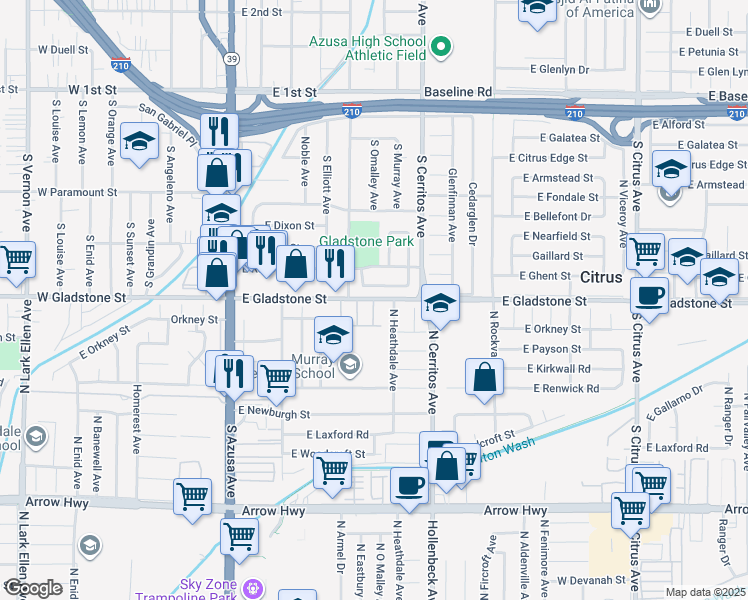 map of restaurants, bars, coffee shops, grocery stores, and more near 520 Celeste Street in Azusa