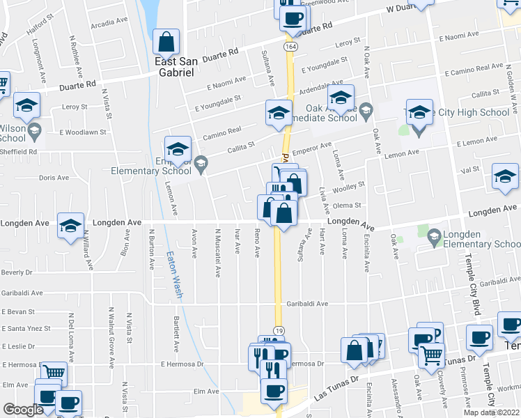 map of restaurants, bars, coffee shops, grocery stores, and more near 6343 Rosemead Boulevard in San Gabriel