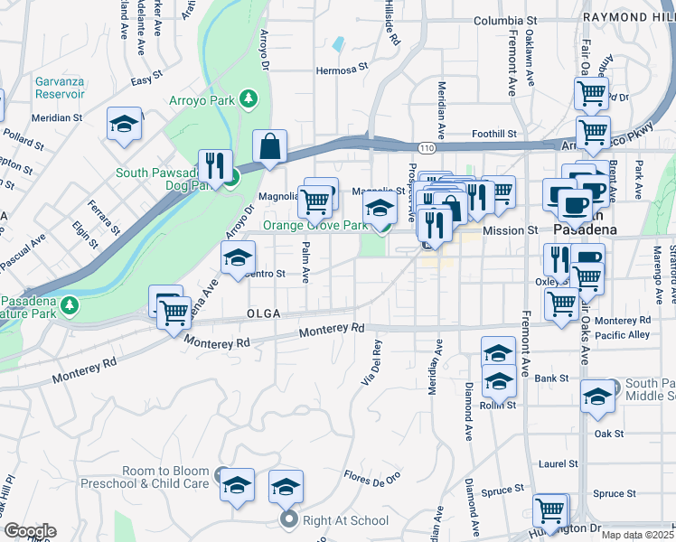 map of restaurants, bars, coffee shops, grocery stores, and more near 624 El Centro Street in South Pasadena