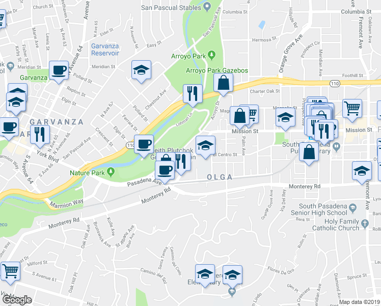 map of restaurants, bars, coffee shops, grocery stores, and more near 942 Arroyo Drive in South Pasadena