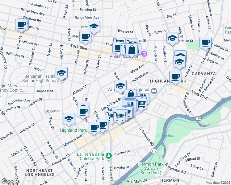 map of restaurants, bars, coffee shops, grocery stores, and more near 6024 Terrace Drive in Los Angeles