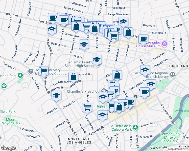 map of restaurants, bars, coffee shops, grocery stores, and more near 5363 Raphael Street in Los Angeles