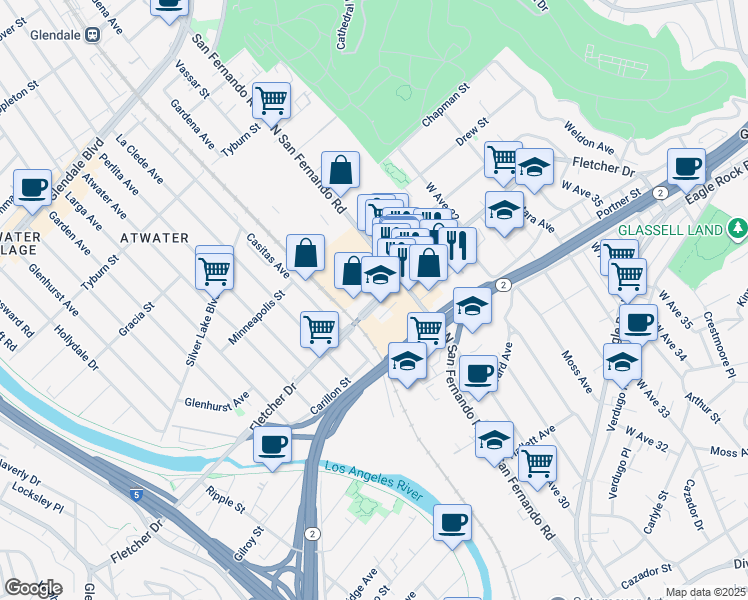 map of restaurants, bars, coffee shops, grocery stores, and more near 3121 North San Fernando Road in Los Angeles