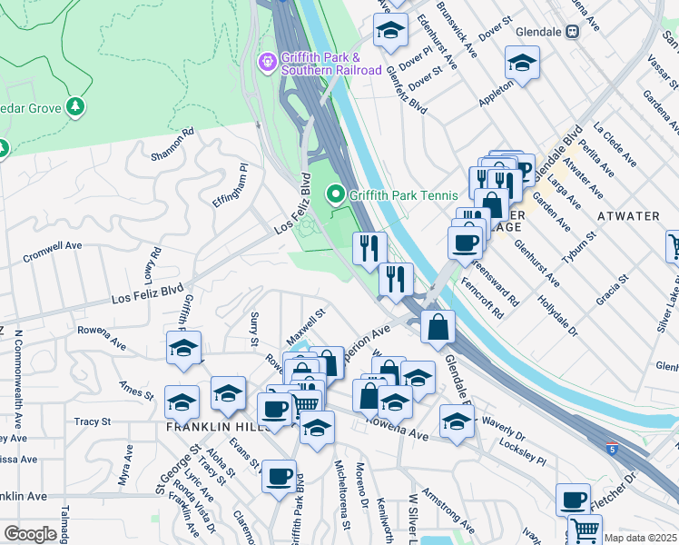 map of restaurants, bars, coffee shops, grocery stores, and more near 3306 Riverside Drive in Los Angeles
