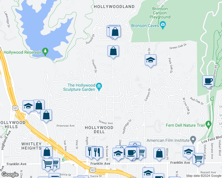 map of restaurants, bars, coffee shops, grocery stores, and more near 2447 North Beachwood Drive in Los Angeles