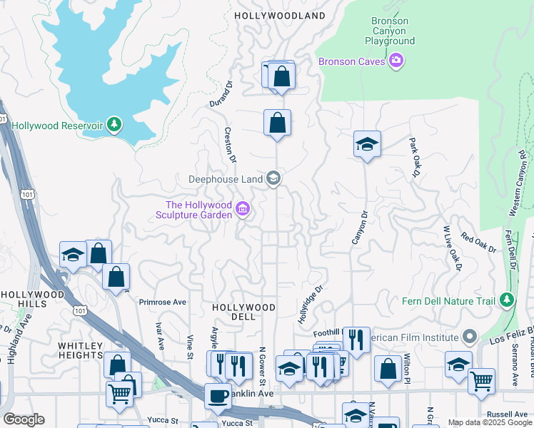 map of restaurants, bars, coffee shops, grocery stores, and more near 2447 North Beachwood Drive in Los Angeles