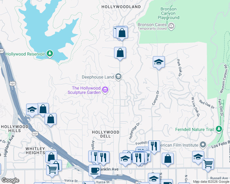 map of restaurants, bars, coffee shops, grocery stores, and more near 2447 North Beachwood Drive in Los Angeles