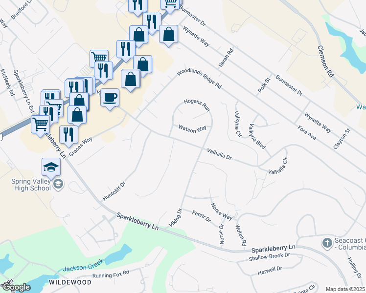 map of restaurants, bars, coffee shops, grocery stores, and more near 1021 Valhalla Drive in Columbia