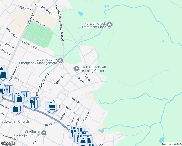 map of restaurants, bars, coffee shops, grocery stores, and more near 379 Campbell Street in Elberton