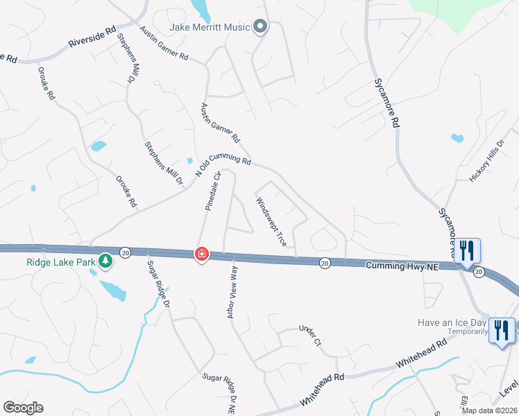 map of restaurants, bars, coffee shops, grocery stores, and more near 5460 Windswept Trace in Sugar Hill