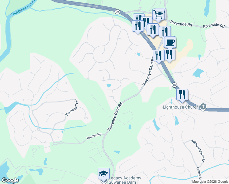 map of restaurants, bars, coffee shops, grocery stores, and more near 5871 Kendrix Ridge Drive in Sugar Hill